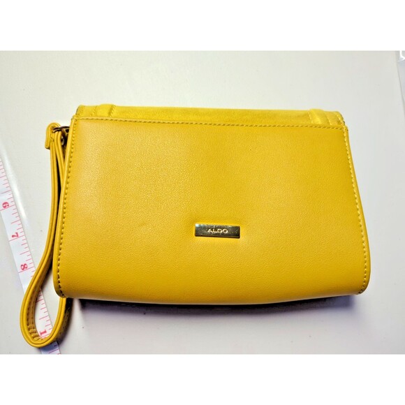 Aldo Clutch Handbag Mustard Yellow with Hand Strap, Magnetic Clip Close - Picture 8 of 16